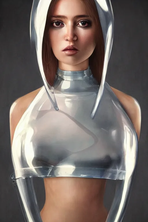 Image similar to a beautiful half body image of a futuristic android with body made of translucent plastic, long hair made of cellophane with a plastic hood and mechanical internal parts, symmetrical and realistic proportions by Irakli Nadar, tom bagshaw, Charlie Bowater with details by Jason Felix, furio tedeschi, face by ilya kuvshinov, artgerm, cinematic backlit lighting, beauty retouch, elite, photo realistic, octane render, hyper real, ultra detailed, trending on artstation pinterest and deviantart