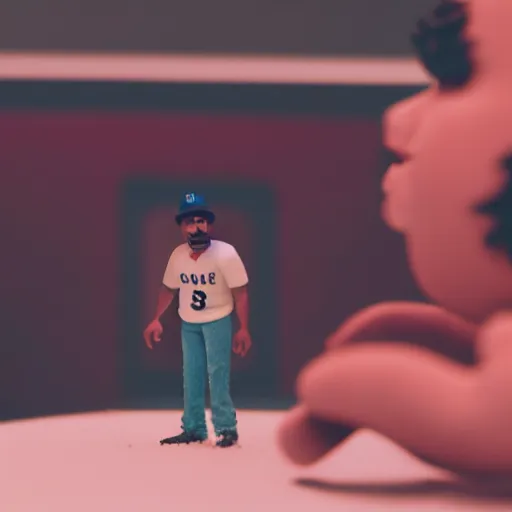 Image similar to a cinematic film still of a claymation stop motion film starring chance the rapper as a college student, shallow depth of field, 8 0 mm, f 1. 8