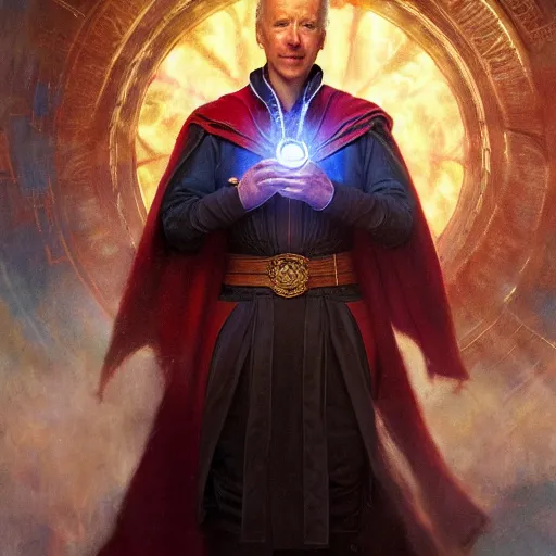 Image similar to joe biden as doctor strange, radiant light, caustics, heroic, bright iridescent light, by gaston bussiere, bayard wu, greg rutkowski, maxim verehin