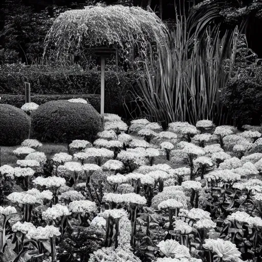 Image similar to a garden themed after david lynch, photography, black and white,