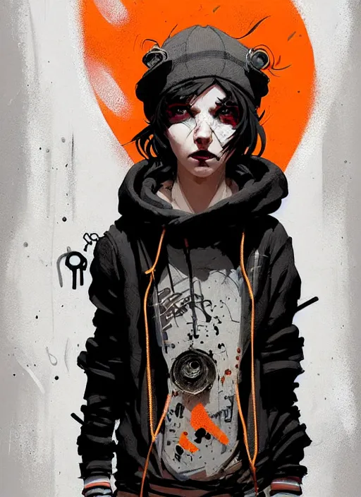 Image similar to highly detailed portrait of a sewer punk lady, tartan hoody, ringlet hair by atey ghailan, by greg rutkowski, by greg tocchini, by james gilleard, by joe fenton, by kaethe butcher, gradient orange, black, cream and white color scheme, grunge aesthetic!!! ( ( graffiti tag wall background ) )