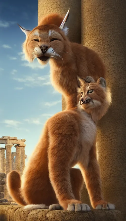 Image similar to fullbody photo of humanoid cute fluffy caracal dressed in toga as alexander macedon, sun behind him, ancient greek city, sunny day, by ilya kuvshinov, rtx rendering, octane render 1 2 8 k, maya, extreme high intricate details by tom bagshaw, medium shot, composition by sana takeda, lighting by greg rutkowski