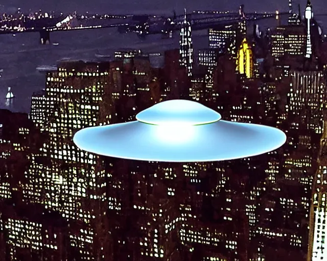 Prompt: ufo spaceship orbiting new york city. high momentum.