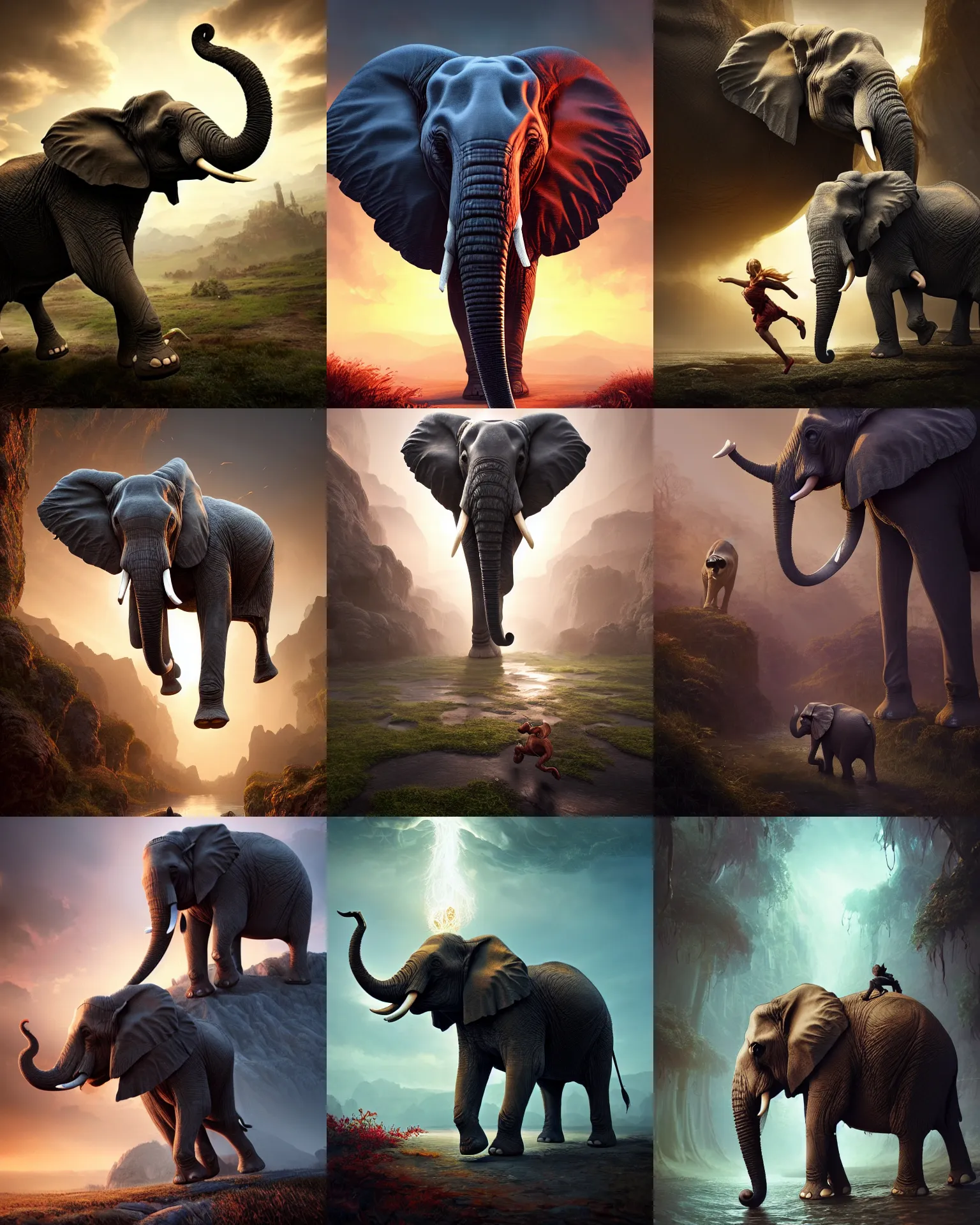 Prompt: elephant running in the rair, fantasy, intricate, epic lighting, cinematic composition, hyper realistic, 8 k resolution, unreal engine 5, by artgerm, tooth wu, dan mumford, beeple, wlop, rossdraws, james jean, marc simonetti, artstation