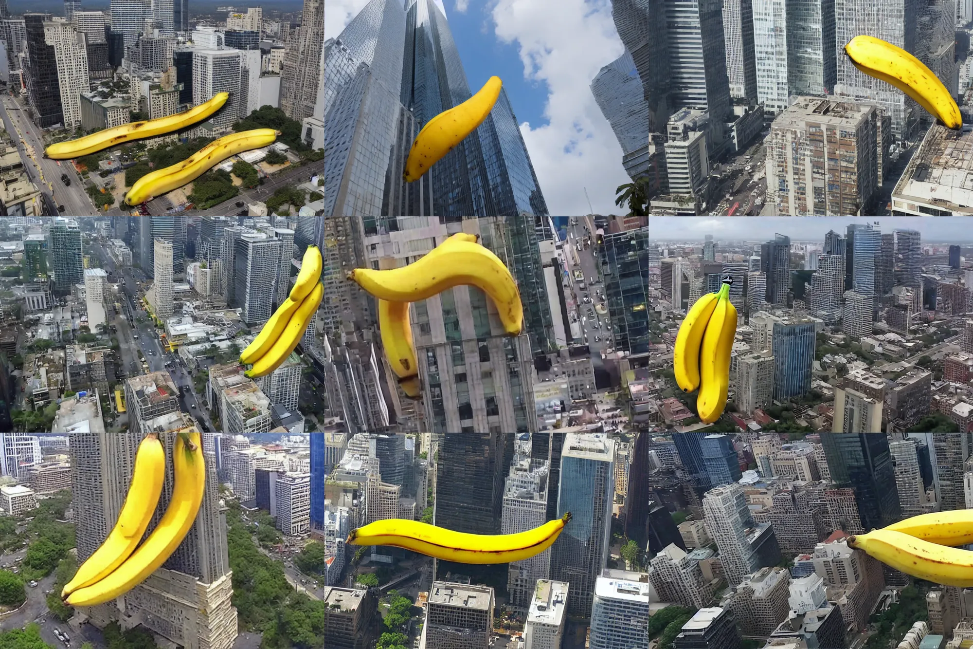 Prompt: news camera footage of a giant banana falling destroying a skyscraper