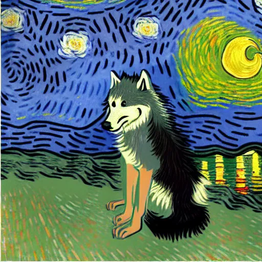 Image similar to view from behind of fluffy baby grey wolf sitting on the shore of a pond, looking out at a sunset, award winning illustration by vincent van gogh