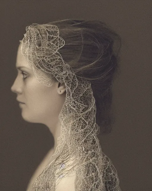 Image similar to a woman's face in profile, long flowing hair entwined in intricate decorative lace leaf skeleton, in the style of the dutch masters and gregory crewdson, dark and moody