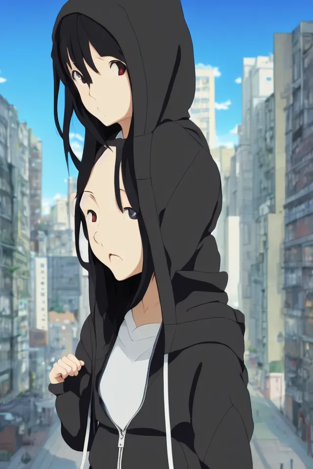 Image similar to anime visual, portrait of a young black haired girl wearing hoodie on the city street background, one person, cute face by yoh yoshinari, katsura masakazu, studio lighting, half body shot, strong silhouette, anime cels, ilya kuvshinov, cel shaded, crisp and sharp, rounded eyes