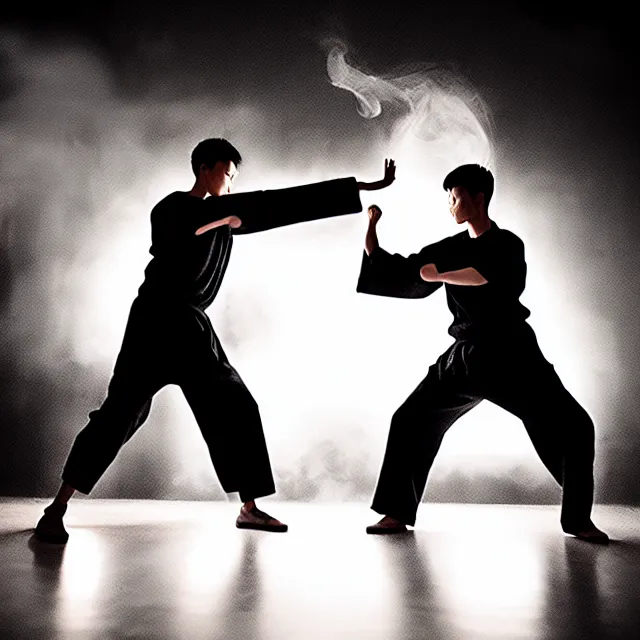 Image similar to wing chun training, detailed wooden dummy form, shanghai, cinematic neon uplighting, fog mist smoke, photorealistic, night photography by tomino - sama