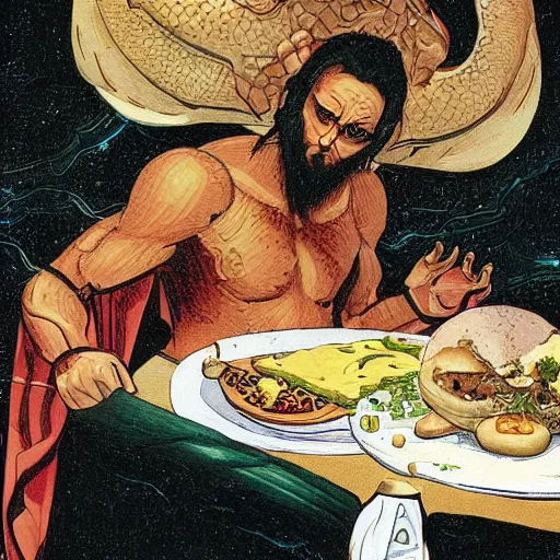 Prompt: primordial god eating his meal