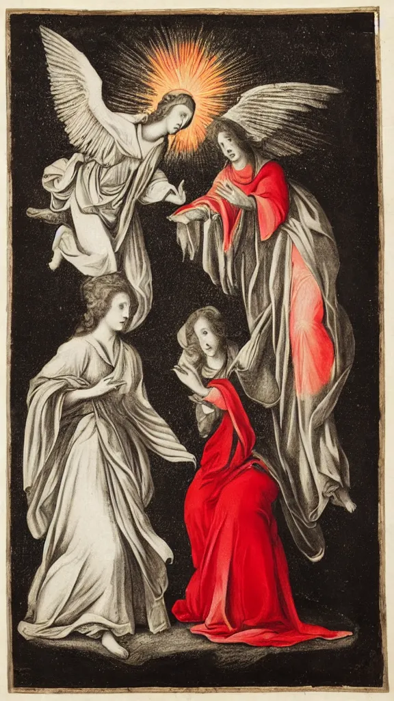 Prompt: an 18th century etching of the annunciation, colours black white and red, perfectly preserved, 8k UHD, with detailed border