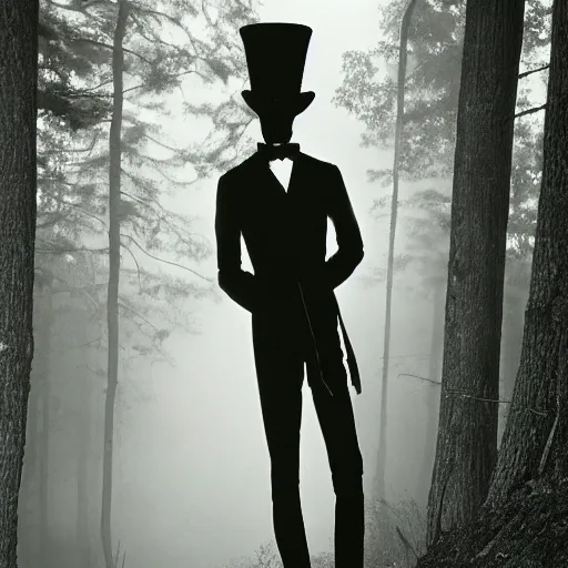 Image similar to uncanny creepy skinny 8 foot man lurking in the foggy forest with a tophat and glowing eyes, 3 5 mm photograph, vintage photo, historical archive, award winning, full body