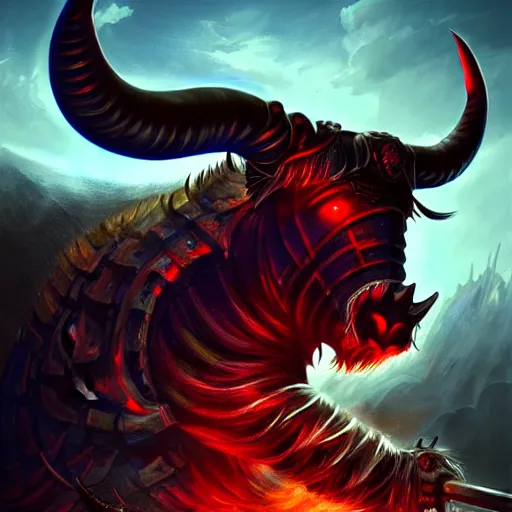 Prompt: epic bull headed minotaur beast in noble armor wielding giant axe, artwork, vivid colors, concept art, greek mythology, detailed, modern design, dark fantasy, digital painting, artstation, d&d