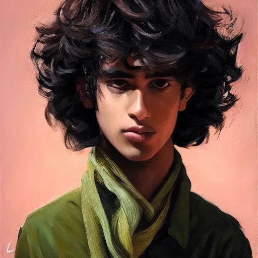 Image similar to oil painting by ilya kuvshinov, baugh casey, rhads, coby whitmore, of a youthful persian - indian college student, fair olive skin, refined features, high cheekbones, handsome, curly black hair, outdoors, highly detailed, breathtaking face, studio photography, dawn, intense subsurface scattering, blush, supple look, innocence, intense sunlight