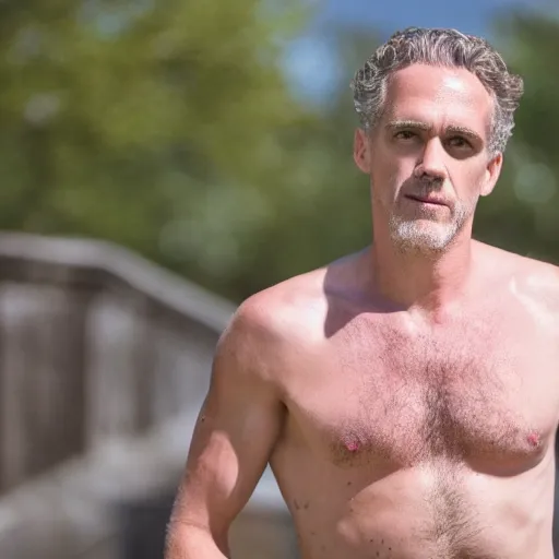 Prompt: shirtless jordan peterson on a leash like a dog