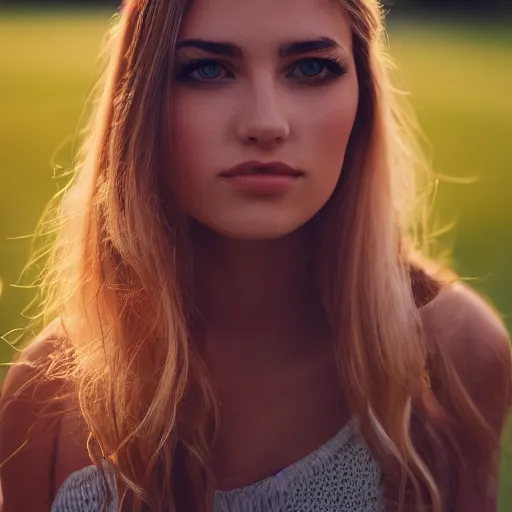 Image similar to outdoor portrait of a very beautiful young woman with gorgeous eyes, high cheek bones, flowing hair, lens flare, light bleed, glow filter, dramatic lighting, 5 0 mm f 1. 2, fuji 4 0 0 h