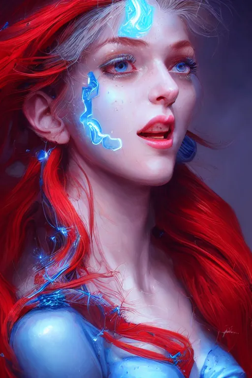 Prompt: an insanely detailed bust up portrait of a beautiful woman facing you, highly detailed features, sparkling blue eyes, long eyelashes, short electric blue hair, beautiful smile, red dress, in the style of peter mohrbacher, artgerm, dramatic lighting and composition, octane render, trending on artstation, concept art 8 k