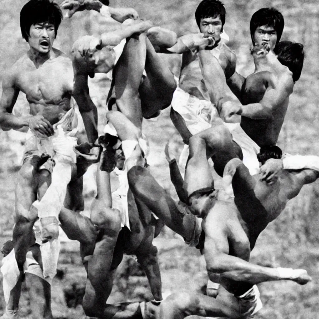 Prompt: nepali actor rajesh hamal fighting bruce lee in a historic old photograph