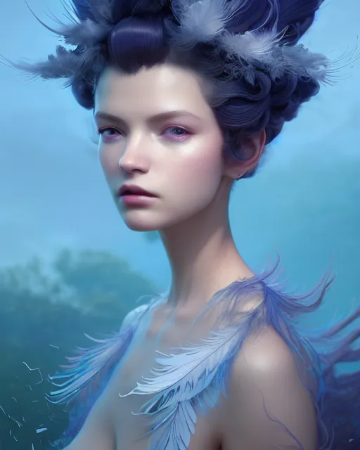 Prompt: rhythm wind, beauty portrait, azure. delicate crown, detailed hair, fractal feathers, robe, intricate environment, fantasy art by ilya kuvshinov, peter mohrbacher, greg rutkowski, ross tran, craig mullins, thomas kinkade, victo ngai. unreal engine 5 highly rendered, blender, octane, ray tracing. sharp focus, post processing