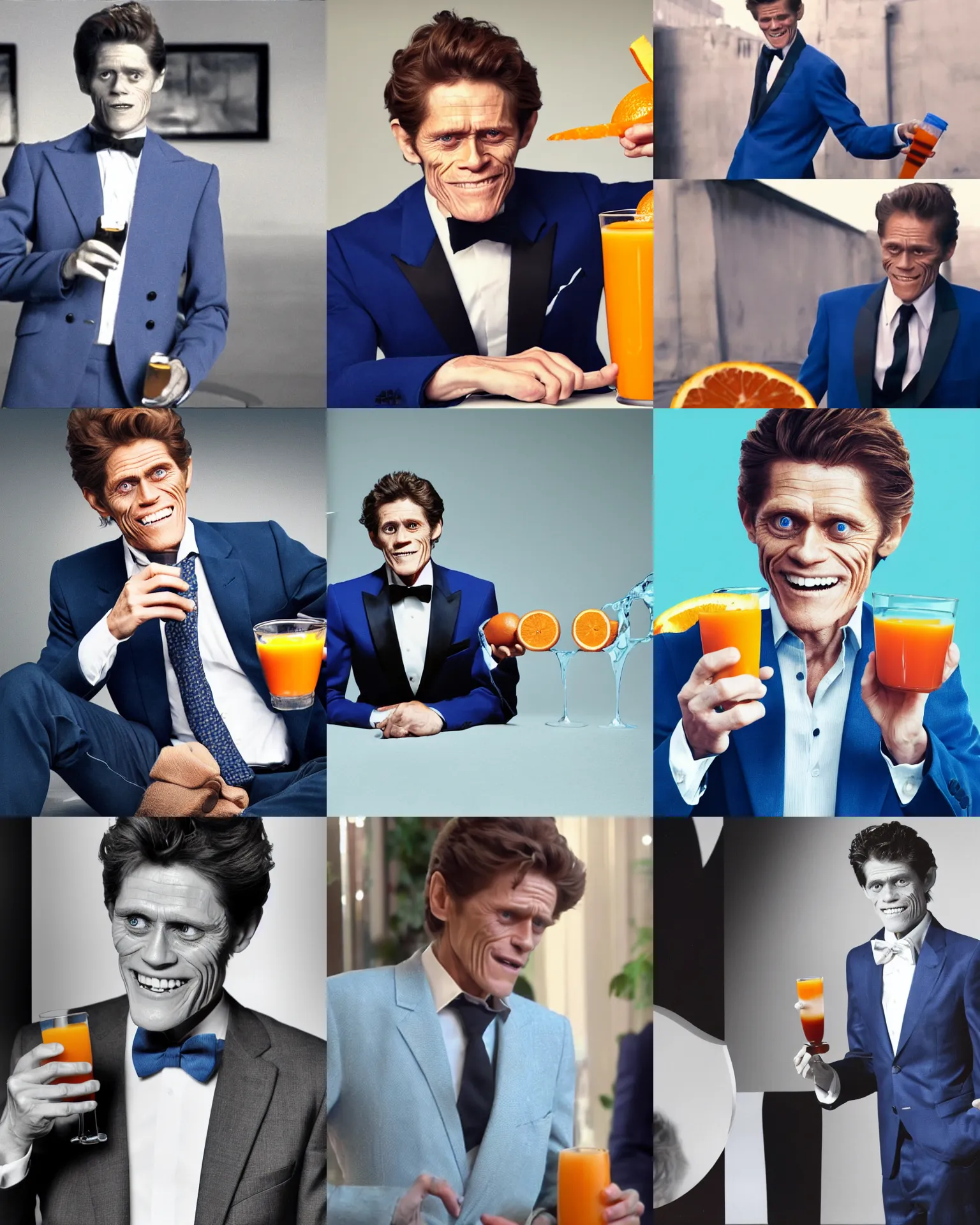 Prompt: young willem dafoe wearing blue tuxedo happily drinking orange juice, spilling juice, orange juice stains on jacket, 2 0 1 5 viral product advertisement hd, commercial banner, english text