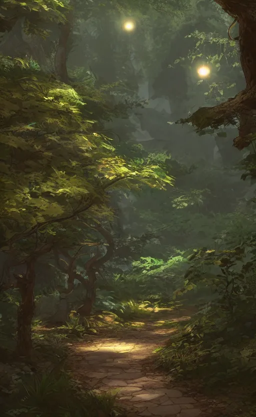 Image similar to forest path, beautiful ancient trees, hiding large treasure chest, serene evening atmosphere, soft lens, soft light, cel - shading, animation, in the style of cgsociety, deviantart, artstation, zbrush, cinema 4 d, studio ghibli, akihiko yoshida, atelier lulua, masamune shirow