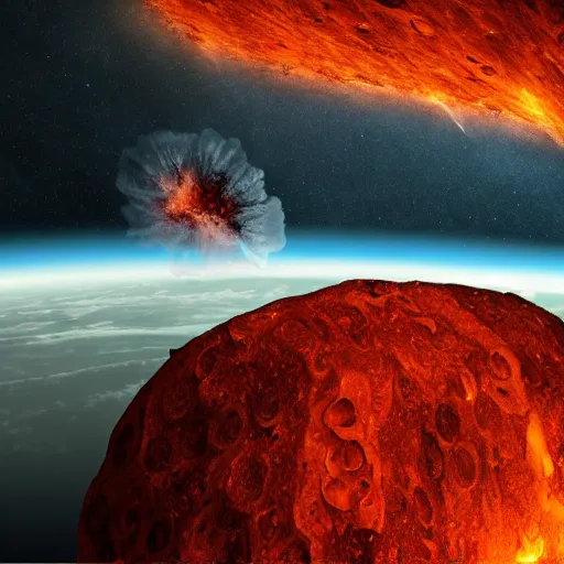 Prompt: Gigantic red-hot meteorite crashes into living planet, fantastic landscape, fantasy, hyperrealism, no blur, 4k resolution, ultra detailed-i