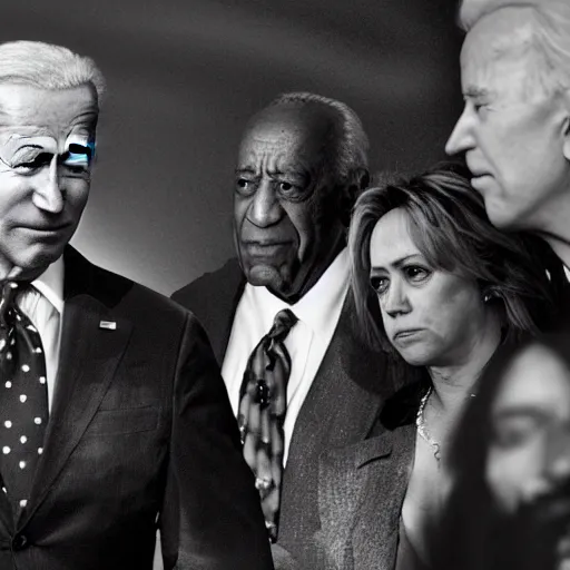 Image similar to joe biden as a junkie crackhead in a crack house with black eyes and crying hilary clinton and bill cosby as her pimp, hyperrealism photo - realistic photography volumetric lighting enchantingly beautiful photography