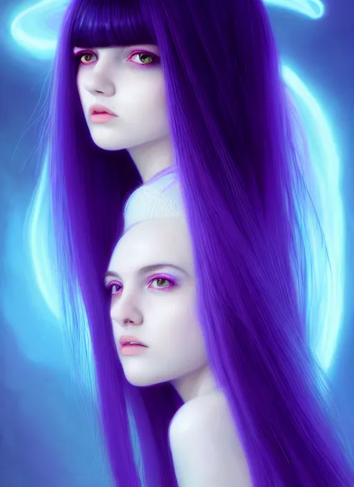 Image similar to hair whitebangs hair, black hair, whitebangs, portrait of teenage girl with white bangs, red irises, purple clothes, white bangs, bangs are different color from hair, intricate, elegant, glowing lights, highly detailed, digital painting, artstation, concept art, smooth, sharp focus, illustration, art by wlop, mars ravelo and greg rutkowski