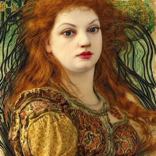 Prompt: masterpiece of intricately detailed preraphaelite photography portrait face hybrid of jo brand and judy garland, sat down in train aile, inside a beautiful underwater train to atlantis, betty page fringe, medieval dress yellow ochre, by william morris ford madox brown william powell frith frederic leighton john william waterhouse hildebrandt