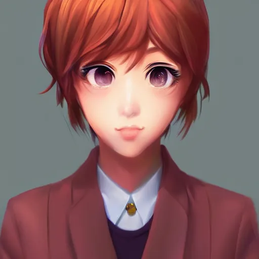 Image similar to portrait of Sayori from DDLC, detailed facial features, optimistic colors, bright eyes, warm smile, delicate, by artgerm and WLOP