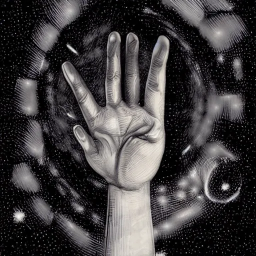 Image similar to a hand comes out from a black hole in the sky, dark, creepy, detailed, digital art