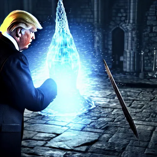 Image similar to donald trump in dark souls, ps 5 screenshot, isometric view, third person gameplay, 3 d render, cryengine, highly detailed