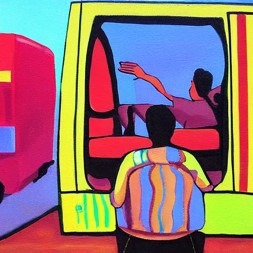 Prompt: guy listening to music bus stop notes colorful painting