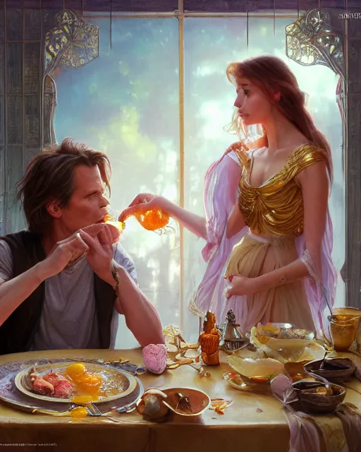 Prompt: kevin bacon eating fried eggs ana de armas serving him his eggs, highly detailed, gold filigree, romantic storybook fantasy, soft cinematic lighting, award, disney concept art watercolor illustration by mandy jurgens and alphonse mucha and alena aenami, pastel color palette, featured on artstation