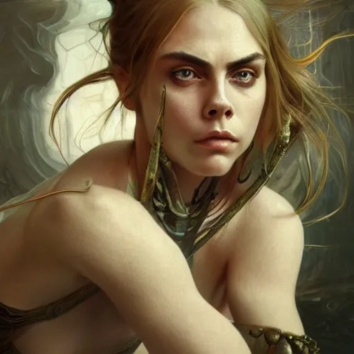 Prompt: Cara Delevigne, physically accurate, dynamic lighting, intricate, elegant, highly detailed, digital painting, artstation, HR GIGER, Hieronymus Bosch, Francis Bacon, concept art, smooth, sharp focus, illustration, art by artgerm and greg rutkowski and alphonse mucha