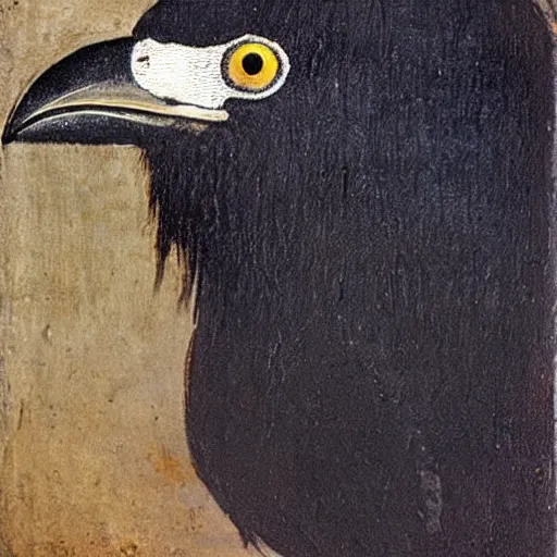 Prompt: high quality oil painting by leonardo da vinci, a black raven bird, subtly smiling