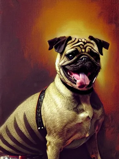 Image similar to a portrait of a man depicted as a brindle pug dogman canine, rupaul ’ s drag race, sitting in front of a sewing machine, explosions. highly detailed painting by gaston bussiere, craig mullins, j. c. leyendecker, furry