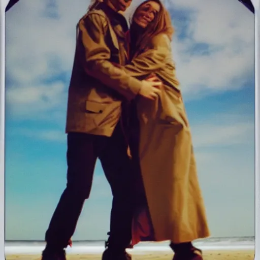 Image similar to 9 0 s polaroid photograph of a man and woman both wearing trenchcoats at night, dancing together on a beach during cloudy weather, vignette