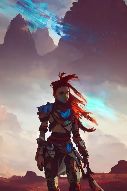 Image similar to combination suit armor aloy horizon forbidden west horizon zero dawn radiating a glowing aura global illumination ray tracing hdr fanart arstation by ian pesty and alena aenami artworks in 4 k tribal robot ninja mask helmet backpack