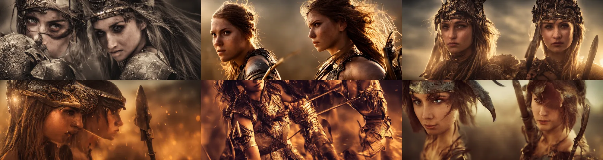 Prompt: close-up photo of a beautiful warrior princess in a battle scene, shallow depth of field, photorealistic, cinematic lighting, warm colours, dusk