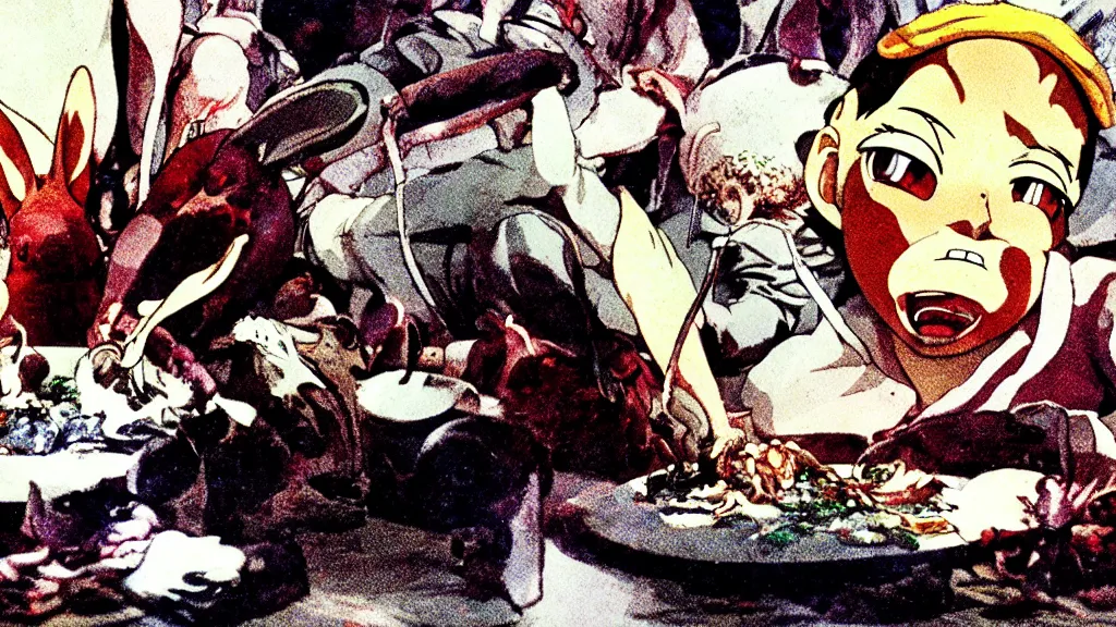 Image similar to a rabbit being butchered, anime film still from the an anime directed by Katsuhiro Otomo with art direction by Salvador Dalí, wide lens