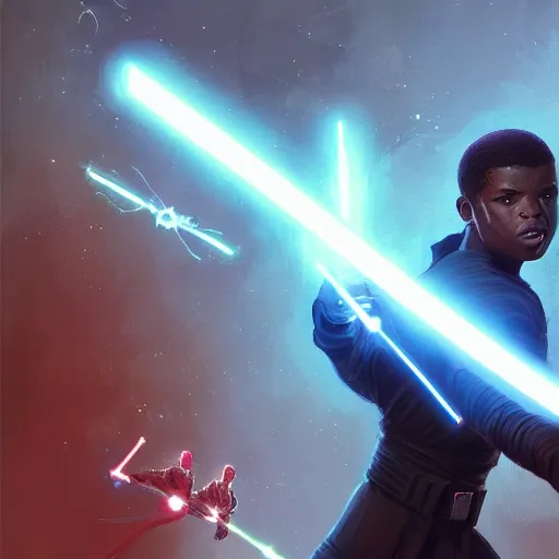 Image similar to scifi art by greg rutkowski, ben skywalker and a jedi that looks like john boyega training with lightsabers, star wars expanded universe, he is about 3 0 years old, highly detailed portrait, digital painting, artstation, concept art, smooth, sharp foccus ilustration, artstation hq