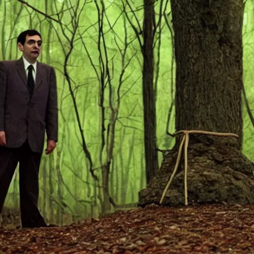 Prompt: mr bean in blair witch project