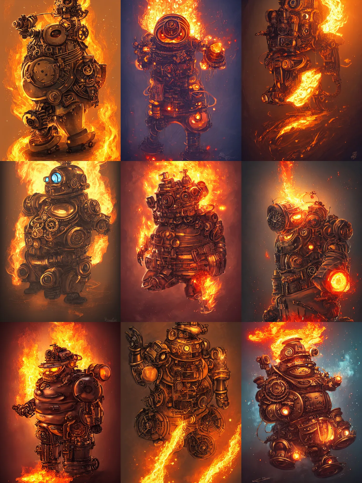 Prompt: a steampunk chubby robot covered in flames, steampunk, high fantasy, highly detailed, sharp focus, high fantasy, by rossdraws