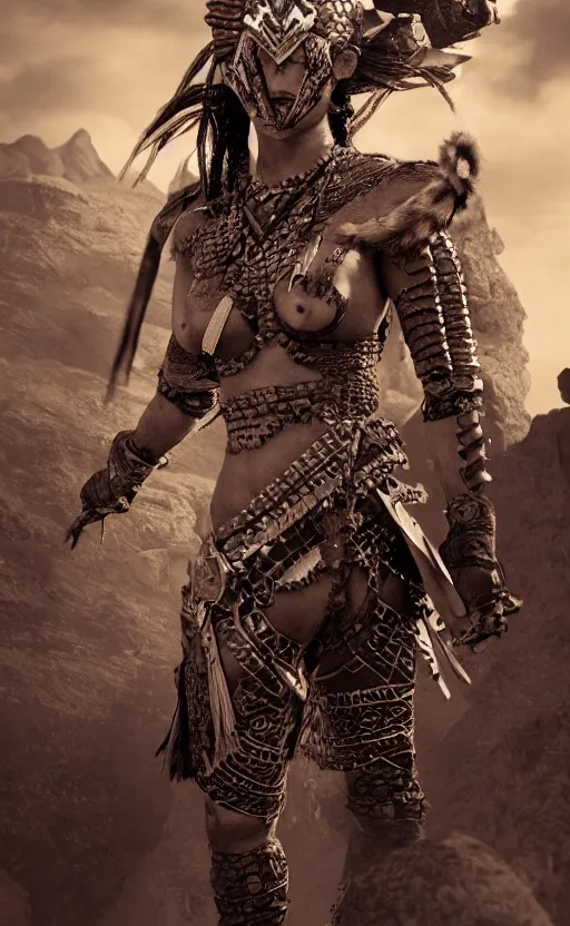 Prompt: fighting tribeswoman, destroyed Aztec jaguar armor,vertical composition, destroyed armor, inspired by monster hunter and westerns, muscular body, clean beautiful symmetrical face, subtle make up, epic,dramatic lighting, cinematic, establishing shot, extremely high detail, photorealistic, leather, cinematic lighting, artstation, octane render, western,old photo, vintage