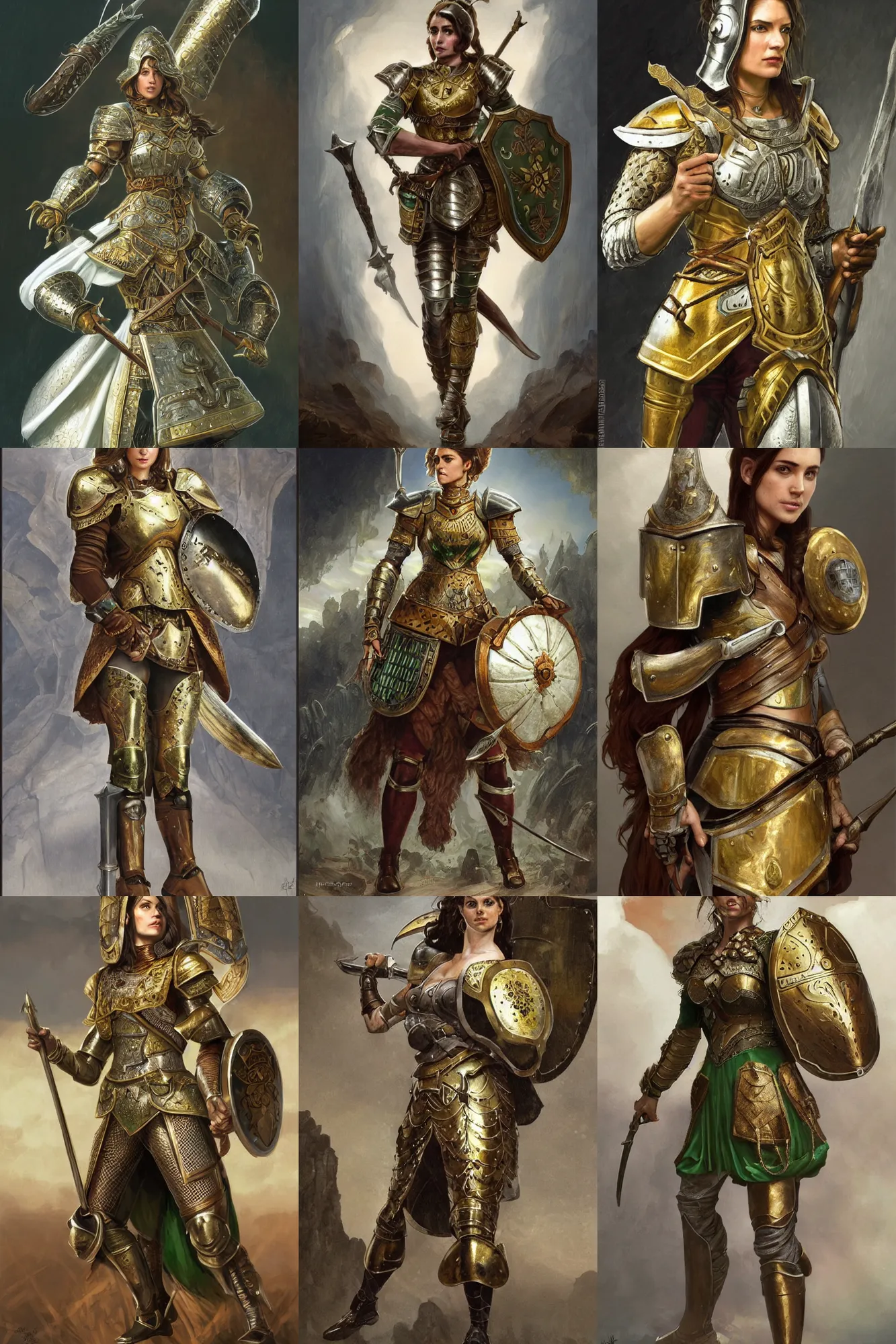 Prompt: full body portrait of a female italian warrior medium length brown hair and a very highly detailed face wearing elegant golden plate mail armor with green and white accents, holding a large tower shield and a long flintlock pistol, highly detailed, digital fantasy painting, artstation, character concept art, sharp focus, illustration, art by michael komarck and greg rutkowski and alphonse mucha