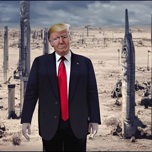 Image similar to donald trump in award winning apocalyptic sci fi film, movie scene, 8 k hd,