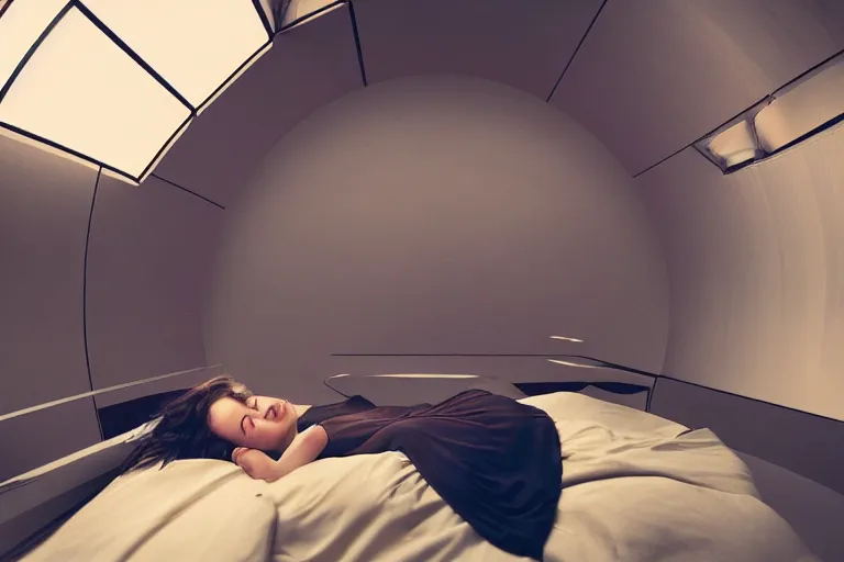 Image similar to fuji 5 0 r 3 5 mm, architectural studio magazine photography, woman sleeps in sci - fi spaceship interior, soft light, golden hour