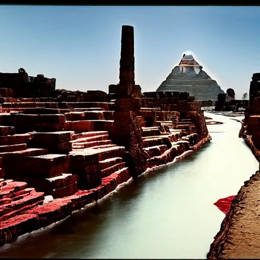 Prompt: an image of a flowing river full of blood and pyramids in the background