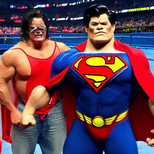 Image similar to supermen and hulk at WWE